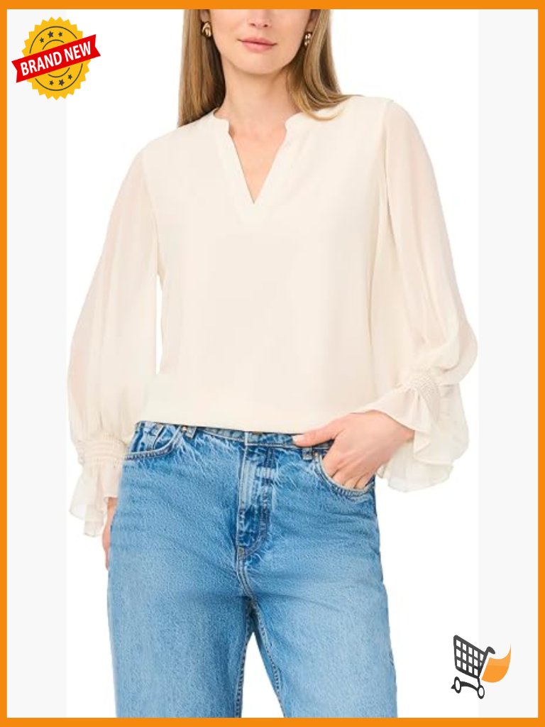 Split Neck Long Sleeve Blouse With Smocked Cuff